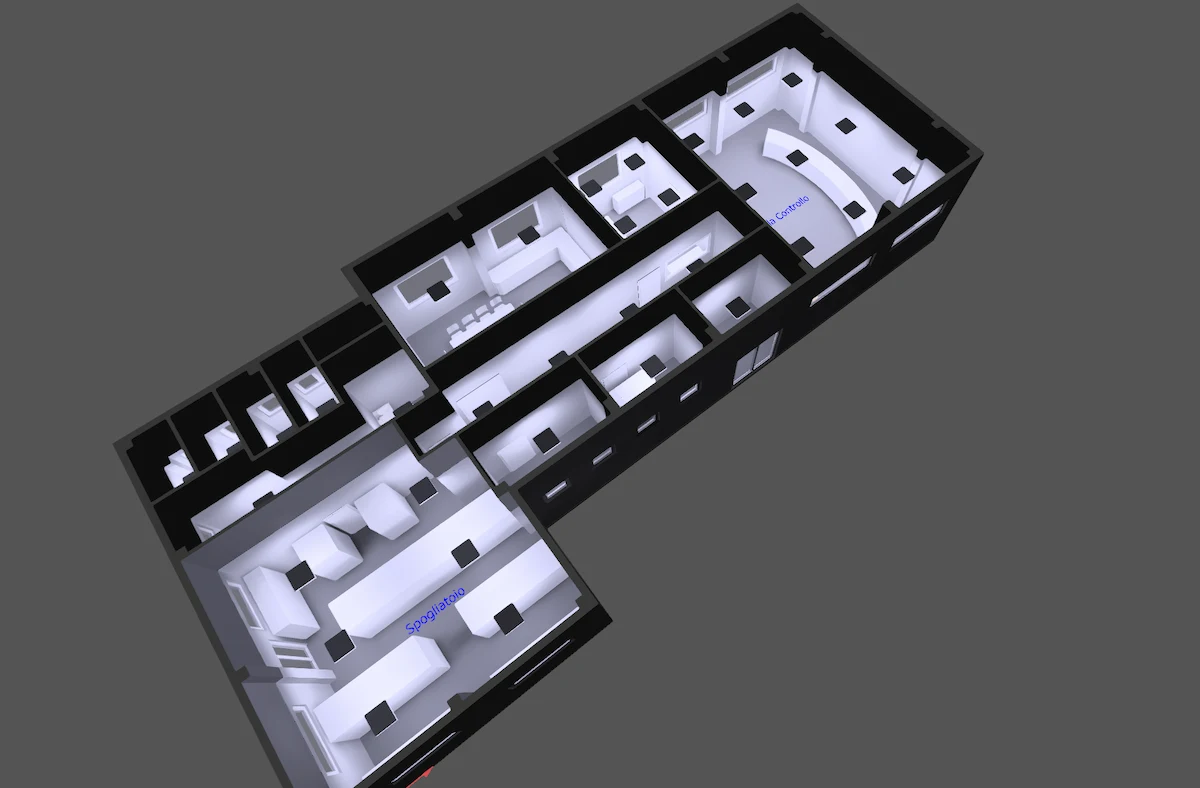 Modello DIALux per la progettazione illuminotecnica di un edificio di centrale con sala controllo, spogliatoi e uffici
