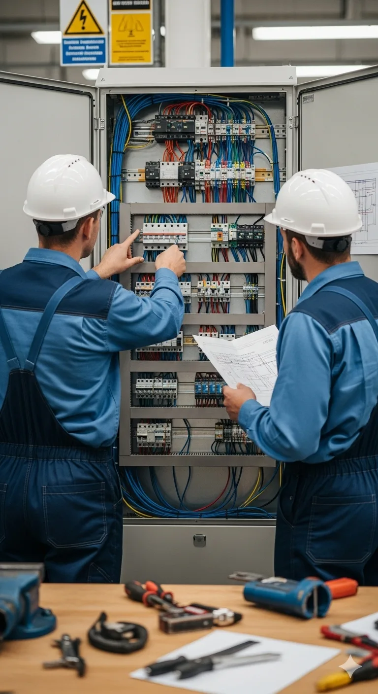 Tecnico al lavoro su quadro elettrico industriale